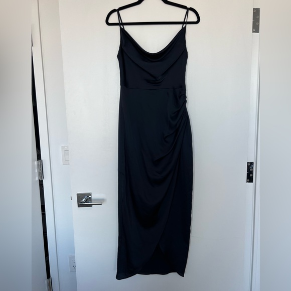 Cowl neck midnight blue navy dress with ruched waist. Like new. - Picture 2 of 5